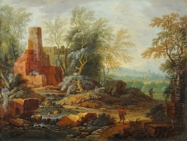 Landschaft Mit Zwei Wanderern Vor Ruine Und Bach - view 1