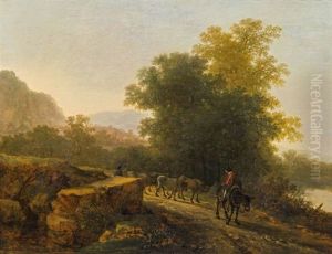Bewaldete Gebirgige, Sudliche Flusslandschaft Im Abendlicht Mit Heimkehrender Herde by Jan Both