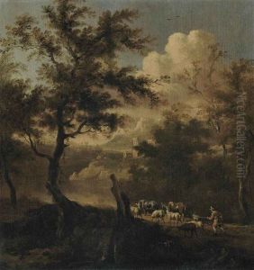 A Wooded Landscape With A Drover And His Cattle On A Track, A Fortified Town Beyond