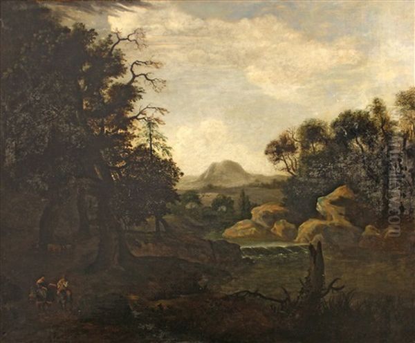 An Extensive Landscape With Two Figures On Horses By A River Bank - view 1