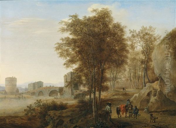 Reisende Bei Der Ponte Lucano Uber Den Anio Bei Tivoli, Im Hintergrund Das Grabmal Der Plautier - view 1