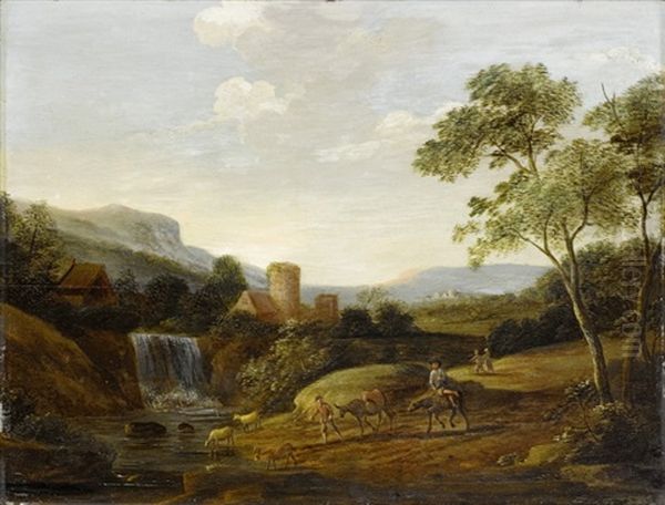 Sudliche Landschaft Mit Burg Und Wasserfall - view 1