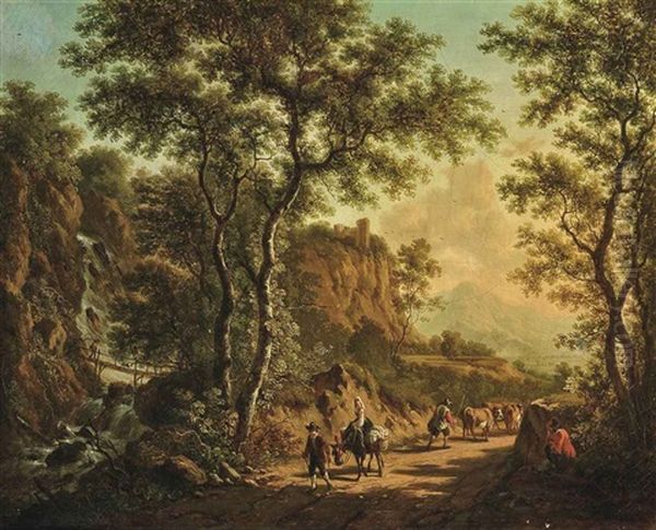 A Mountainous River Landscape With A Drover And His Cattle, Travellers On A Track, A Waterfall Beyond - view 1