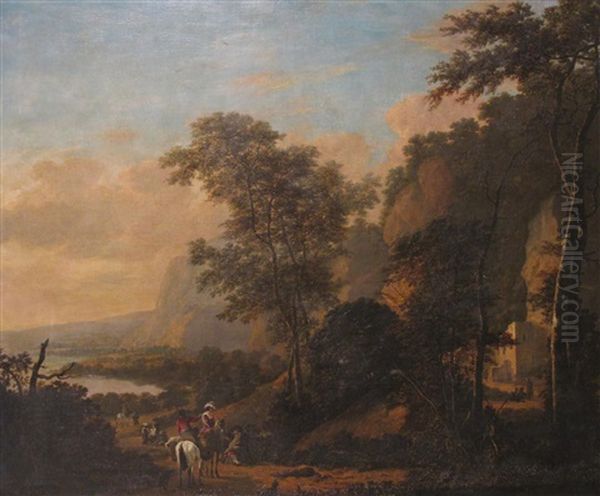 Extensive River Landscape With Travellers On A Road Near Steep Cliffs - view 1