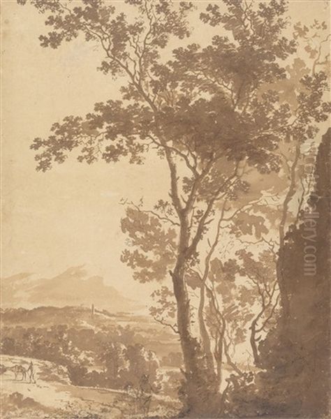 Landschaft Mit Blick In Ein Tal, Ein Groser Baum Und Zwei Wanderer Im Vordergrund - view 1