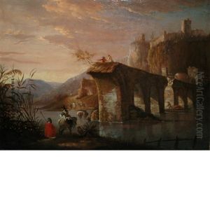 Italian Landscape With Figures Before The Ruins Of A Roman Bridge by Jan Both