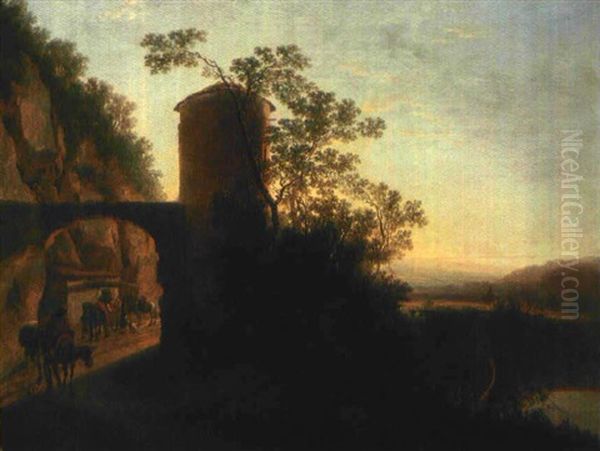 Italienische Landschaft Mit Steinerner Brucke Mit Einem Turm - view 1
