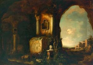 Sudliche Landschaft Mit Romischer Kapellenruine, Im Vordergrund Hohlengrabmal Mit Saulen, Altar Und Buste Des Seneca Sudliche Landschaft Mit Romischer Kapellenruine, Im Vordergrund Hohlengrabmal Mit Saulen, Altar Und Buste Des Seneca
