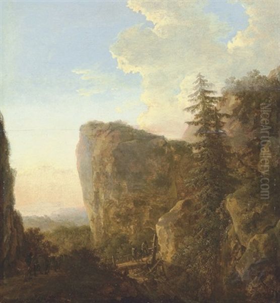 A Mountainous Landscape With Travelers Crossing A Bridge - view 1