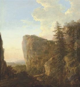 A Mountainous Landscape With Travelers Crossing A Bridge by Jan Both