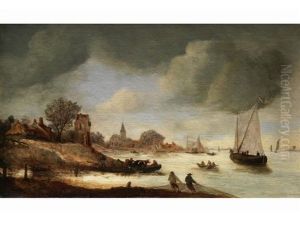 Uferlandschaft Mit Gebauden Und Schiffen In Der Bucht Sowie Figurenstaffage