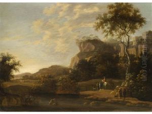 Ideallandschaft Mit Burgruine Auf Einem Felsen Und Reitern by Jan Both