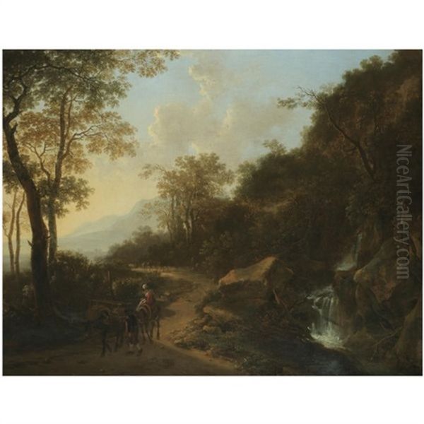 A Mountainous Italianate Landscape With Travellers Passing A Stream - view 1