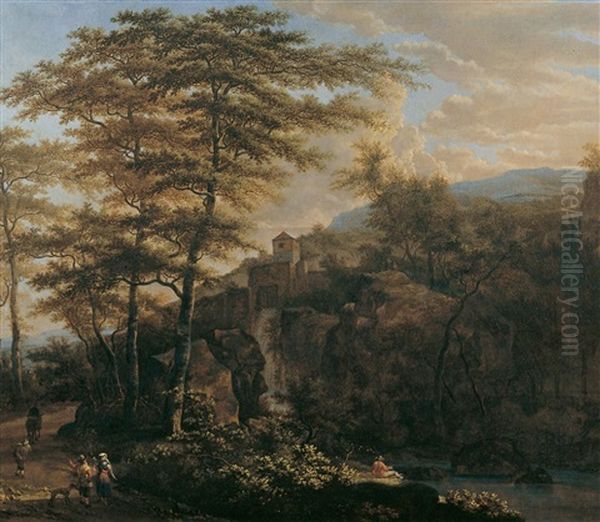 Bewaldete Gebirgslandschaft Mit Einem Wasserfall Und Wanderern - view 1