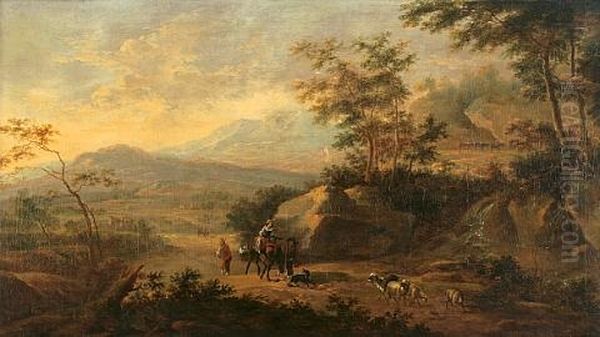 An Extensive Italianate Landscape With Travelers On A Path And A Waterfall In The Foreground - view 1
