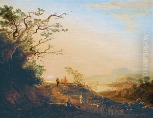 Hugelige Landschaft Mit Rastenden Hirten Vor Abendsonne Hugelige Landschaft Mit Rastenden Hirten Vor Abendsonne