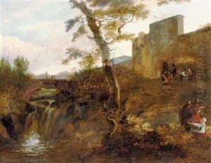 A Mountainous Italianate Landscape With Figures Conversing Outside A Walled Town, A Waterfall And Bridge Beyond by Jan Both