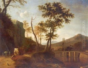 Bewaldete, Gebirgige Flusslandschaft Mit Einem Maultiertreiber