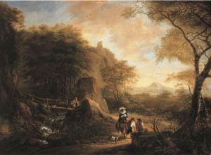 An Italianate Landscape With An Elegant Lady Travelling On A Path At The Edge Of A Wood, Other Travellers On A Bridge Beyond by Jan Both