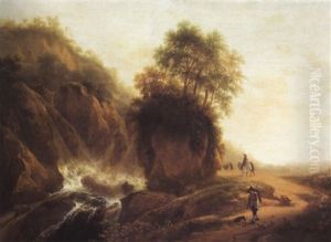Abendliche Landschaft Mit Reisenden Auf Einem Pfad Bei Einem Wasserfall Abendliche Landschaft Mit Reisenden Auf Einem Pfad Bei Einem Wasserfall