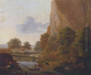 An Italianate Landscape With Muleteers Fording A River, A Sportsman In The Distance by Jan Both