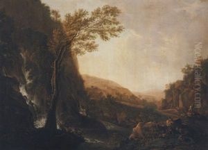 An Italianate Landscape With Travellers On A Road Beside A Waterfall At Dusk
