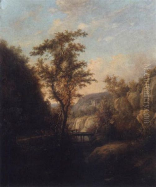 A Wooded Landscape With Travellers On A Track And Crossing A Bridge - view 1