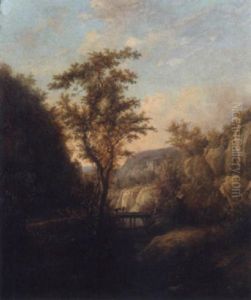 A Wooded Landscape With Travellers On A Track And Crossing A Bridge