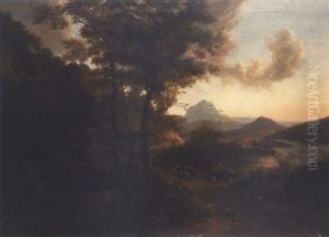 An Extensive Italianate Wooded Landscape With Travellers And Their Livestock On A Path, Mountains Beyond by Jan Both
