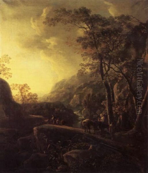 An Italianate Wooded Landscape With Muleteers On A Path By A Waterfall - view 1