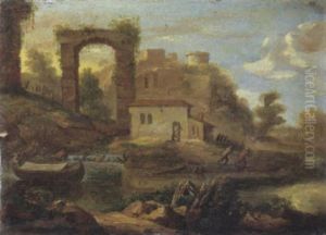 Paesaggio Fluviale Con Caseggiati, Rovine E Barcaioli Presso La Riva