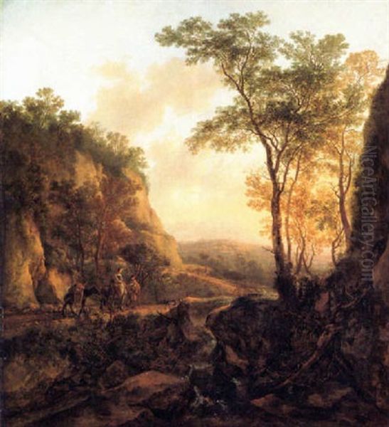A Mountainous Wooded Landscape With Travellers On A Path Near A Waterfall - view 1