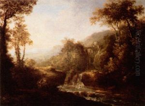 A Wooded River Landscape With A Town On A Cliff By A Waterfall
