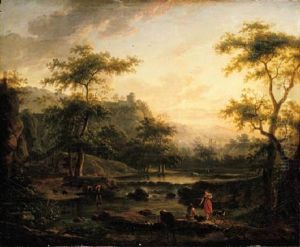 A River Landscape With A Washerwoman And A Herder Resting, Two Men On A Boat, A City And Mountains Beyond