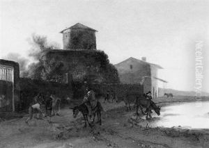Paysage De La Campagne Romaine Avec Un Troupeau S'abreuvant A Une Mare by Jan Both
