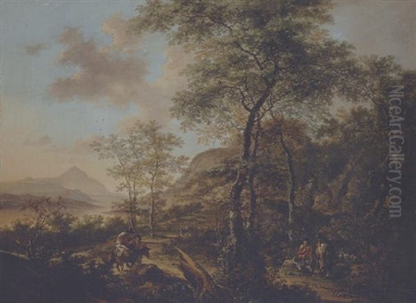 An Italianate Evening Landscape With A Muleteer And Goatherds On Wooded Path, A River And Mountains Beyond - view 1