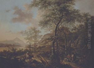 An Italianate Evening Landscape With A Muleteer And Goatherds On Wooded Path, A River And Mountains Beyond by Jan Both