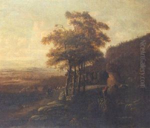 Elegant Figures On Horseback, Riding Through A Rocky Wooded Landscape, A Valley Beyond by Jan Both