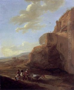 An Italiante Landscape With An Oxen-drawn Cart And Travellers On A Path, A Rocky Outcrop And Mountains Beyond by Jan Both