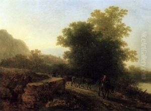 Bewaldete, Gebirgige, Sudliche Fluslandschaft Im Abendlicht Mit Heimkehrender Herde by Jan Both