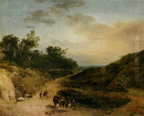 An Extensive Landscape With Travellers On A Path And A Horsedrawn Carriage With Mounted Figures In The Foreground - view 1