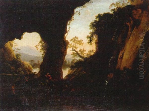 Paisaje Italiano Rocoso Con Viajantes, Un Pastor Y Un Sendero, Una Cascada Al Fondo - view 1