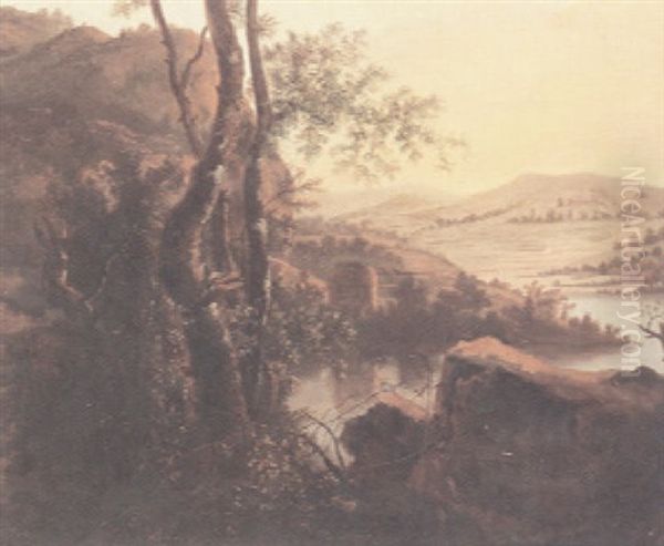 An Extensive River Landscape With A Rocky Outcrop And Trees In The Foreground - view 1