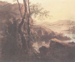 An Extensive River Landscape With A Rocky Outcrop And Trees In The Foreground