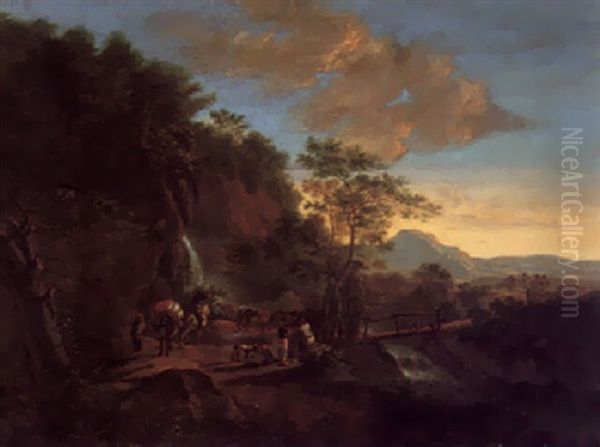 A Mountainous Landscape With Travellers On A Path - view 1