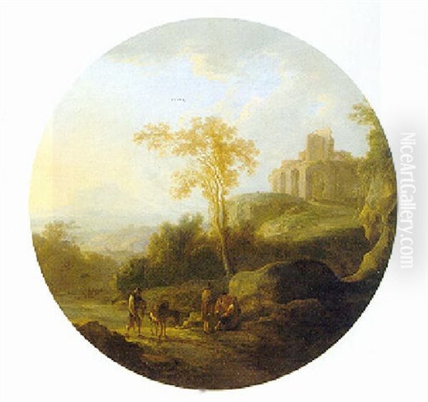 Weite Landschaft Mit Antiker Ruine Und Ruhenden Wanderern - view 1