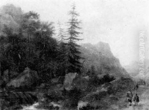 A Rocky River Landscape With Figures On A Path A Rocky River Landscape With Figures On A Path