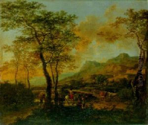 Italianate Landscape With A Traveller And Drovers On A Road, Farmhouse And Village Beyond