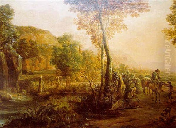 Paysage Au Soleil Couchant, Traverse Par Une Riviere, Avec Les Villageois - view 1