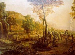 Paysage Au Soleil Couchant, Traverse Par Une Riviere, Avec Les Villageois by Jan Both